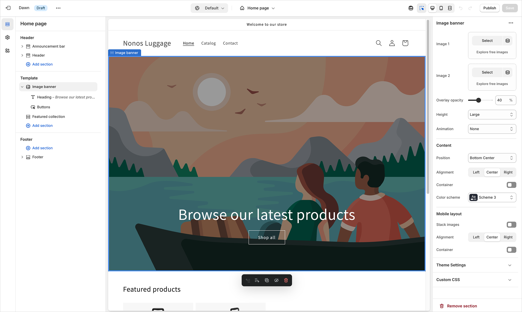 Shopify Theme Editor, with section and block navigation on the left and the selected module's settings on the right